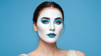 Emotional pantomime with white facial makeup showing empty space on the blue background, advertising something