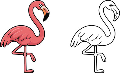 Cartoon flamingo standing on one leg beside its outline looks appealing and attractive