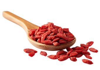 Pile of dried goji berries in a wooden spoon isolated on transparent background.