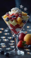 Festive fruit salad dessert in a martini glass