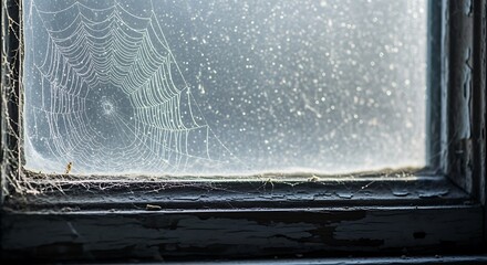 Creepy cobweb covering a frosted window pane in an abandoned building, setting a spooky Halloween scene