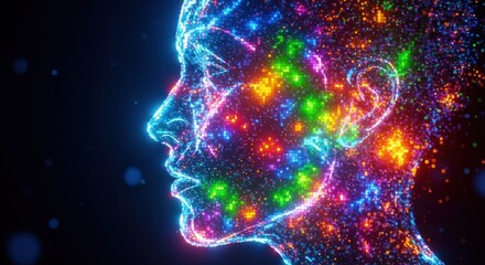 Abstract Human Head Glowing with Colorful Lights on Dark Background
