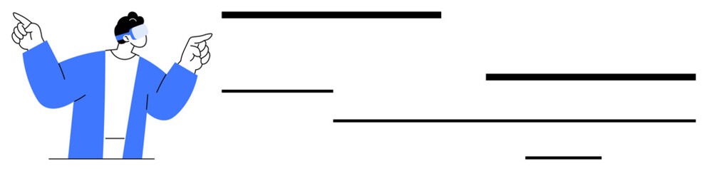 A person in a blue jacket pointing with both hands beside dynamic horizontal lines. Ideal for leadership, creativity, communication, direction, motivation, brainstorming, guidance. Simple flat