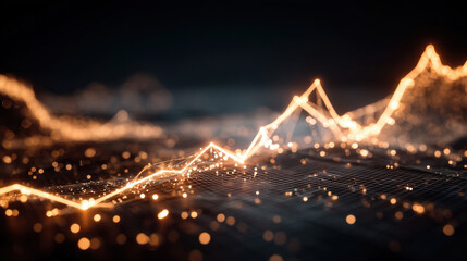 Visualize dynamic financial graph with glowing lines representing data trends and fluctuations. background features dark, abstract design, enhancing vibrant orange and gold tones of graph