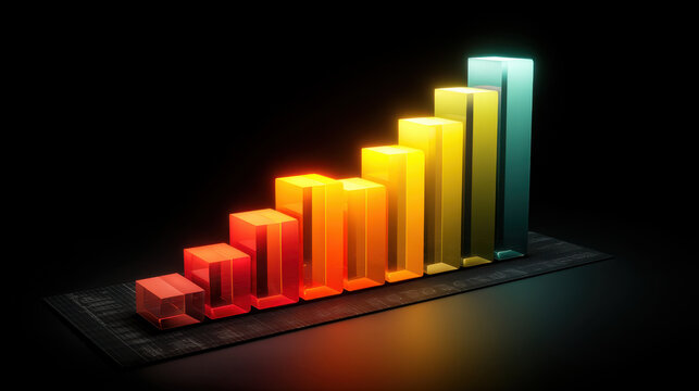 Vibrant 3D bar graph displays progressive increase values, showcasing spectrum of colors from red to yellow to teal. This visually striking representation symbolizes growth and success data