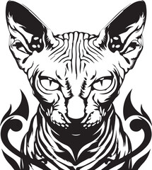 Naklejka premium Sphinx Cat's Gaze: The stark beauty of a Sphinx cat's face, highlighted by its striking wrinkles and piercing eyes. 