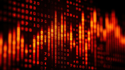 Digital data visualization in vibrant red tones, showcasing binary code and wave patterns. This abstract representation evokes sense of technology and innovation