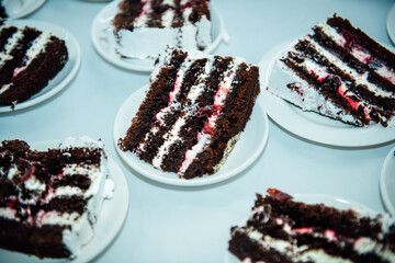 Sliced pieces of dark chocolate cake with white cream and berry filling on white plates. Delicious portions of cake at a wedding, party, celebration