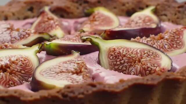 Closeup view of a fresh fig tart with pink topping