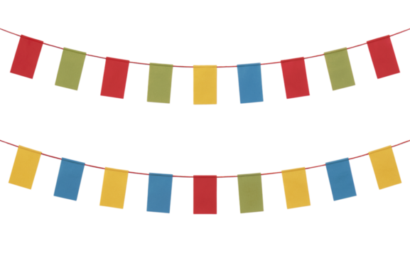 Colorful festive bunting flags strung on a cord isolated on transparent background