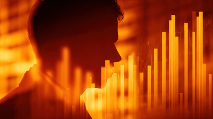 Image features silhouette of person against backdrop of vibrant orange tones, with abstract bar graphs suggesting financial data or growth. composition evokes sense of contemplation and analysis
