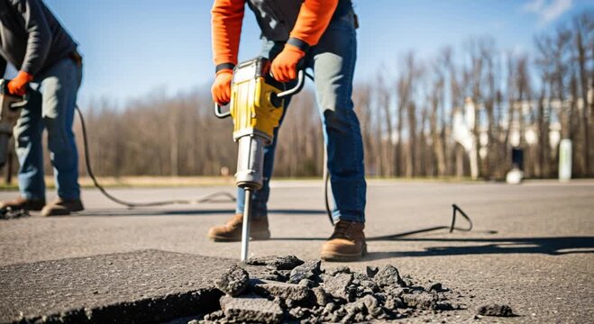 Workers are performing crucial road repair, actively breaking up the tough asphalt pavement using powerful construction tools during the day.