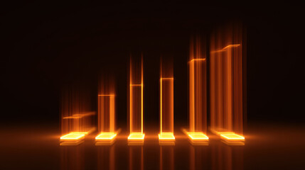 Dynamic and glowing bar graph representing growth and progress, with vibrant orange hues against dark background, symbolizing success and achievement in business or finance