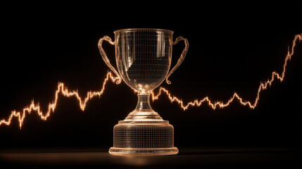 Glowing trophy with wireframe design stands prominently against dark background, symbolizing achievement and success. rising graph line behind it represents growth and progress, evoking sense