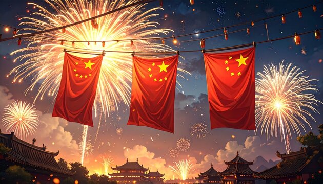 Celebrating National Day in China with Fireworks and Flags Displaying Patriotism - Powered by Adobe