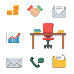 A modern flat 2D business and office vector icon set featuring essential workplace elements such as laptop, documents, teamwork, communication, growth charts, and office supplies.