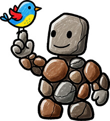 Rock Golem Gently Balancing a Tiny Bird