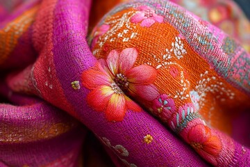 Vibrant Floral Embroidered Shawl Textile Closeup Detail