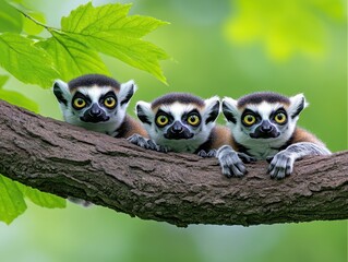 Three ring-tailed lemurs on branch