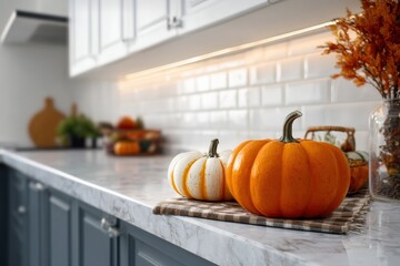 Orange and white pumpkins and dried flowers decorating a marble kitchen counter for Thanksgiving