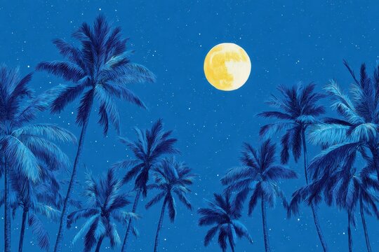 Palm tree silhouettes at night with glowing full moon in starry sky, tropical nightscape photography for travel, lifestyle, and editorial use