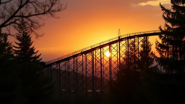 old roller coaster at sunset in forest
