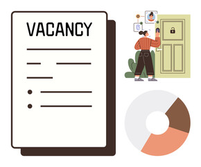 Vacancy document, candidate viewing digital profiles, secure access door, pie chart. Ideal for recruitment, hiring, job search, HR tools data security employment trends modern hiring. Simple flat