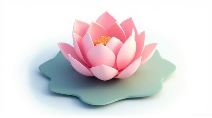 Pink Lotus Flower on Blue-green Pad - Isolated on White