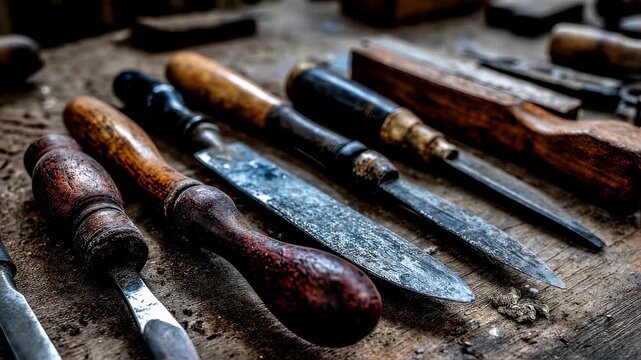 Medium shot with an emphasis on a handcrafted model made from reclaimed wood workspace tools subtly blurred illustrating ecoconscious design.