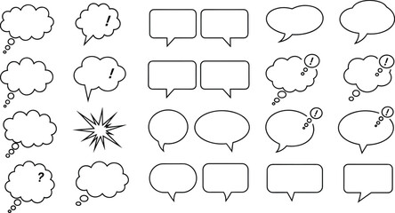 Fototapeta premium Collection of empty comic speech bubbles, thought balloons, exclamation marks, question marks, cartoon dialogue, conversation, communication, message, expression icons.