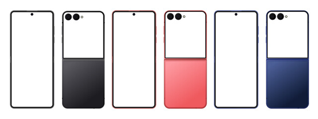 A collection of modern foldable smartphones in open position, featuring rear and front views with blank white screens for app and web design mockups.