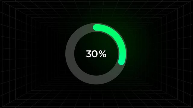 Neon Green Circular Loading Animation from 0 to 30 Percent with Futuristic Glow on Dark Grid Background - Seamless HUD Loop