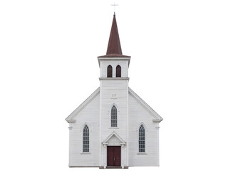 Fototapeta premium Classic white wooden church with a tall steeple and red door, isolated on transparent background
