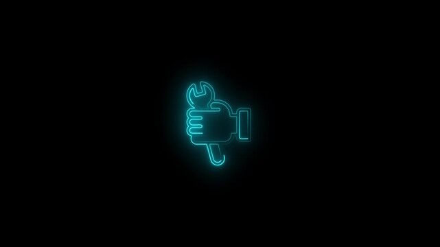 Cyan Neon Hand Thumbs Down with Wrench Icon on Black Background image photo