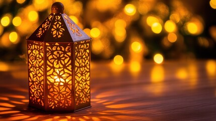 Fototapeta premium Ornate lantern, warm light, blurred background