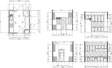 2D Interior Design Drawing of Kitchen Furniture Layout Plan and Elevation in Vector Style