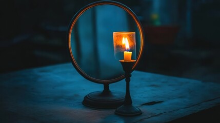 Burning candle reflected in antique mirror