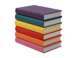 A stack of six hardcover books with colorful spines, isolated on transparent background