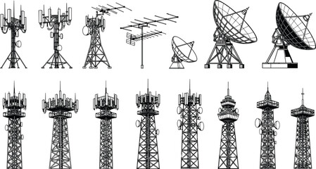 Collection of communication towers, antennas, satellite dishes, and broadcasting infrastructure for telecommunications, data transmission, and signal relay technology.
