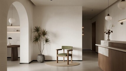 Elegant Reception Area with Single Chair and Decorative Plant Against Clean White Wall, Minimalist Interior Design