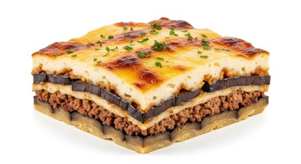 A delicious square slice of traditional Greek moussaka with layers of meat, eggplant, and b?chamel sauce, isolated on a white background.
