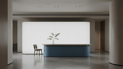 Elegant Reception Area with Single Chair and Decorative Plant Against Clean White Wall, Minimalist Interior Design