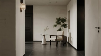 Elegant Reception Area with Single Chair and Decorative Plant Against Clean White Wall, Minimalist Interior Design