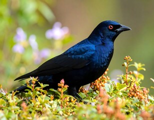 Close-up of a deep blue bird perched on foliage