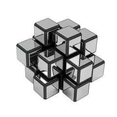 A metallic puzzle cube made of smaller cubes, isolated on transparent background