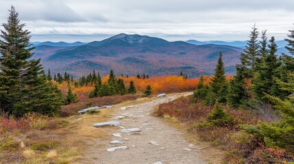 Scenic autumn mountain trail with vibrant fall foliage and distant peaks under cloudy sky