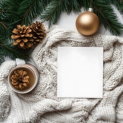 Fototapeta premium Cozy Winter Flatlay Mockup, Blank Card on Knit Blanket with Pine, Tea, and Ornament