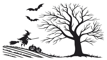 Fototapeta premium Halloween silhouette of a witch flying on a broomstick with bats and pumpkins next to a bare tree on a white background