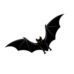 Fototapeta premium Spooky black bat with glowing orange eyes in flight, a mysterious nocturnal creature for Halloween designs. Vector Flat illustration