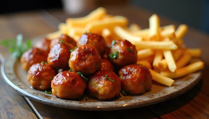 Delicious Gourmet Platter Featuring Golden French Fries And Juicy Spiced Meatballs